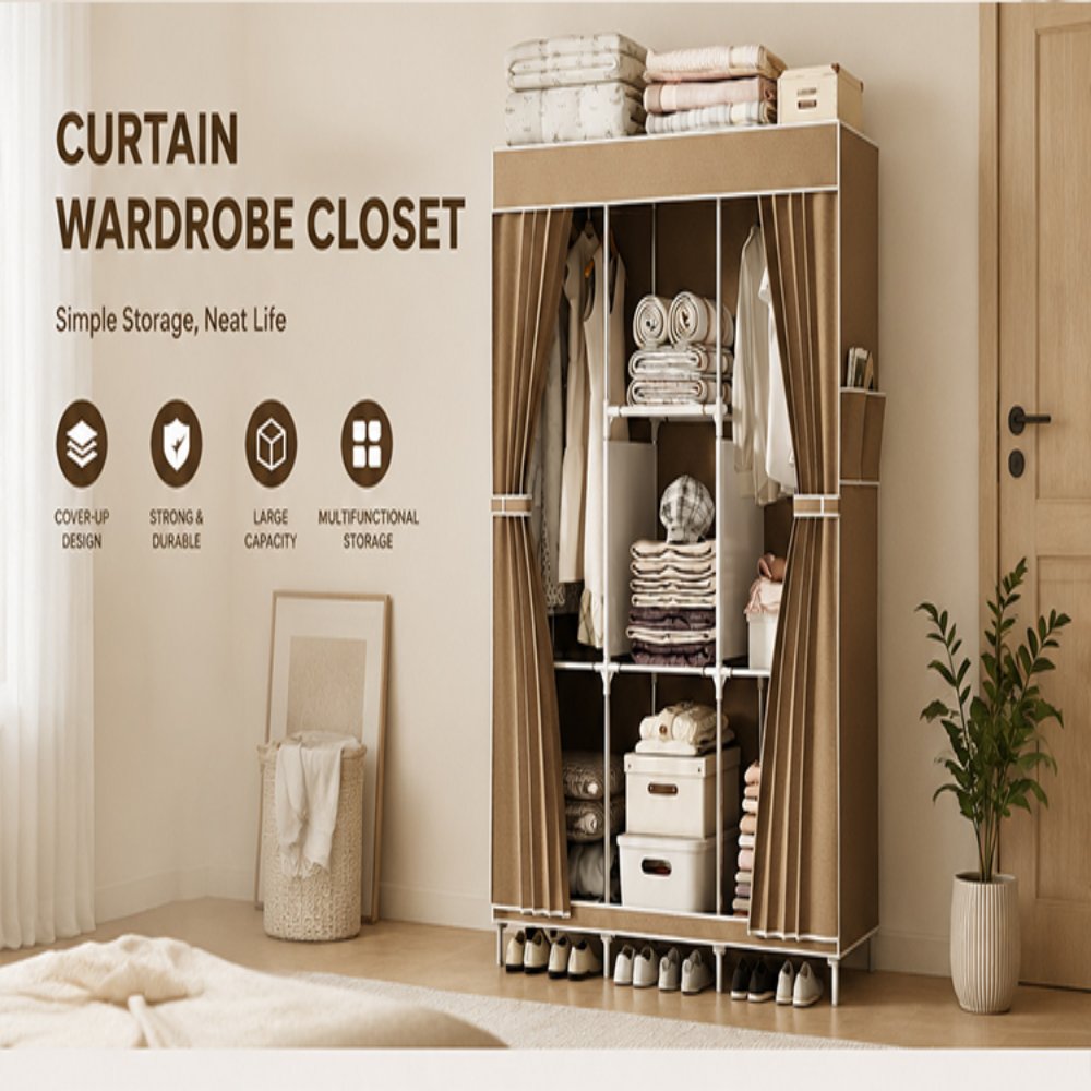 Dark Coffee Fabric Wardrobe Fabric Wardrobe – Dark Coffee Curtain Style